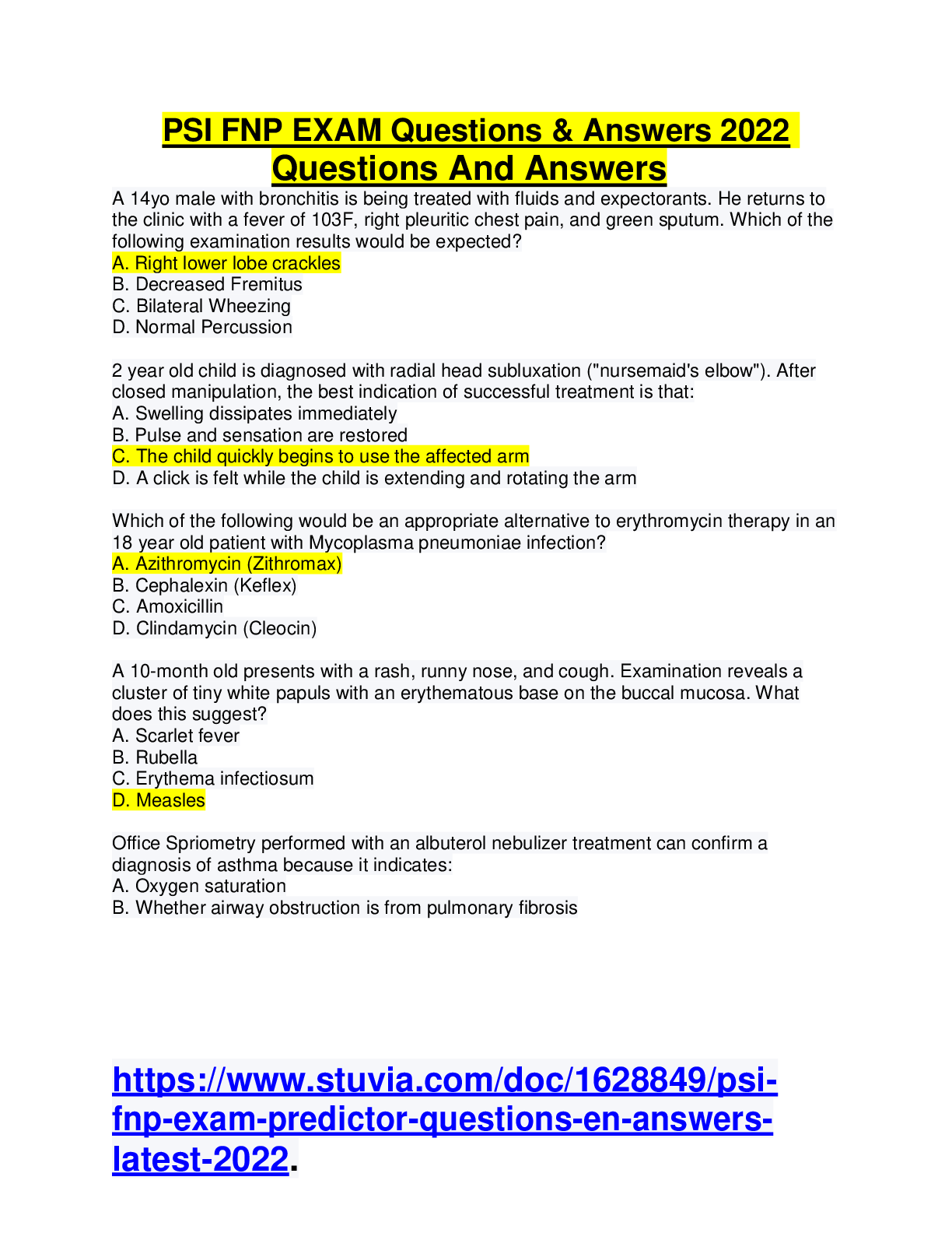 PSI FNP EXAM Questions & Answers 2022 Questions And Answers Browsegrades